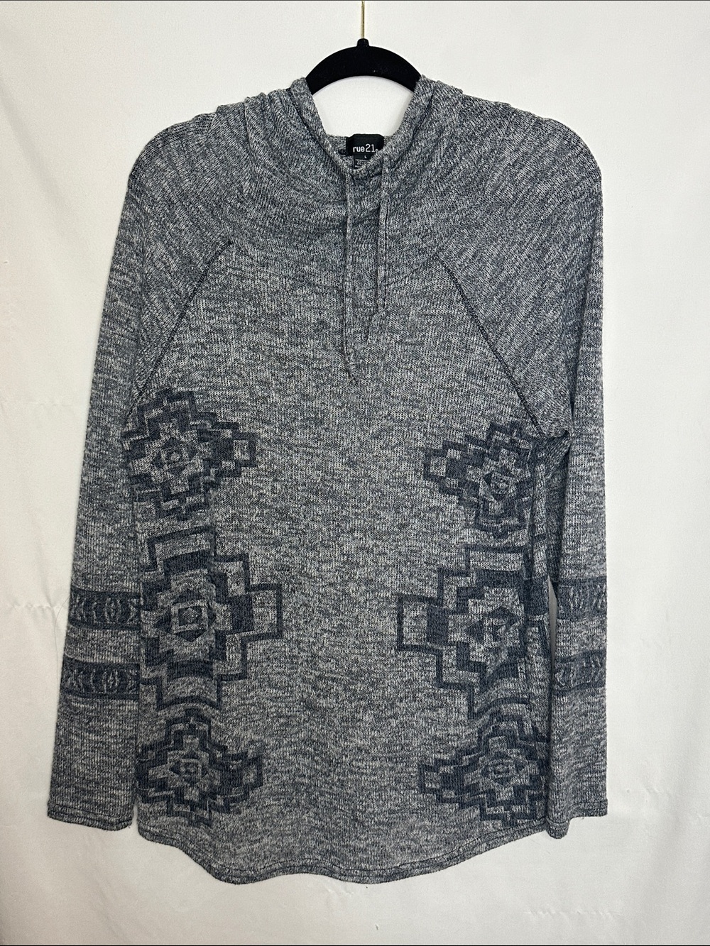 RUE21 | Gray Blue Cowl Neck Knit Hooded Sweater with Geometric Jacquard, Size L